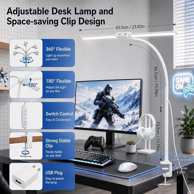 LED Desk Lamp for Home Office, Eye-Care Architect Light with Clamp, Double Head Computer Monitor Table Light with 3 Color Modes 10 Brightness, Adjustable for Reading, Study, Drafting, Workbench, White