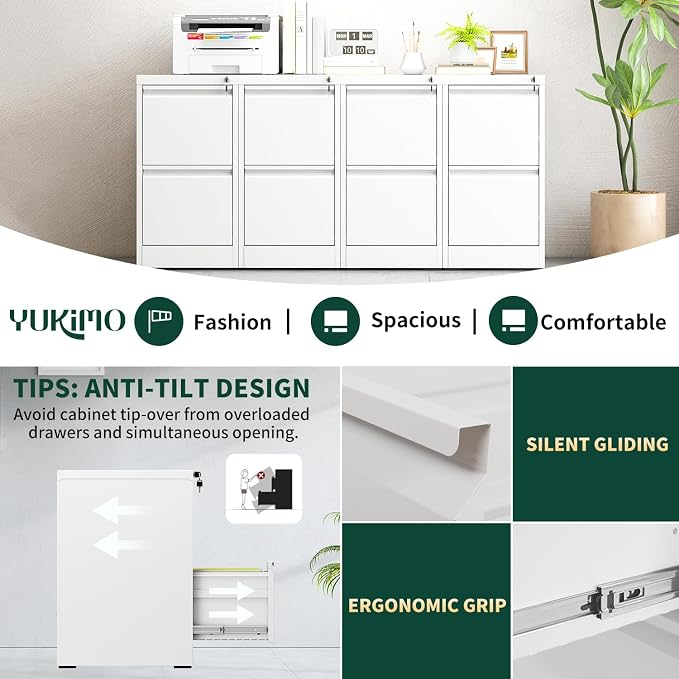 2 Drawer File Cabinet with Lock, Metal Vertical Filing Cabinet, Filing Cabinets for Home Office, Office Furniture Organization Hanging Files for A4/Legal/Letter, Require Assembly, White