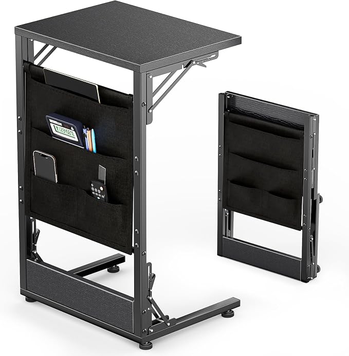 Folding TV Tray Table, 28.8" Tall C-Shaped Side Table for Couch and Bed, Slide Under Sofa Side Desk with Storage Bag - Sturdy Metal Frame Tray for Living Room, Bedroom, Home & Office (Black)