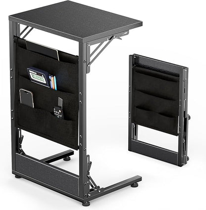 Folding TV Tray Table, 28.8" Tall C-Shaped Side Table for Couch and Bed, Slide Under Sofa Side Desk with Storage Bag - Sturdy Metal Frame Tray for Living Room, Bedroom, Home & Office (Black)