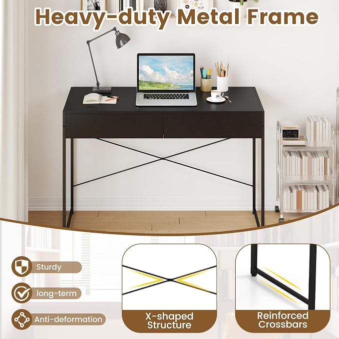 Giantex Computer Desk with 2 Drawers, 44 Inch Home Office Desk with Anti-Toppling Device & Metal Frame, Compact Laptop PC Table, Makeup Vanity Table, Modern Study Writing Desk for Small Spaces (Black)
