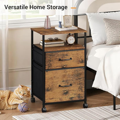 DEVAISE 2 Drawer Mobile File Cabinet, Rolling Printer Stand with Open Storage Shelf, Fabric Vertical Filing Cabinet fits A4 or Letter Size for Home Office, Rustic Brown Wood Grain Print