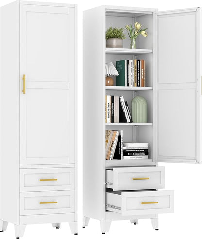 67" Tall Narrow Metal Storage Cabinet, Freestanding Pantry Organizer, White | Slim Bathroom Cabinets with 2 Drawers & 3 Adjustable Shelves, Multi-Use Cupboard for Kitchen Office Living＆ Dining Room
