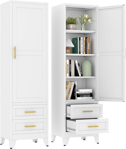 67" Tall Narrow Metal Storage Cabinet, Freestanding Pantry Organizer, White | Slim Bathroom Cabinets with 2 Drawers & 3 Adjustable Shelves, Multi-Use Cupboard for Kitchen Office Living＆ Dining Room