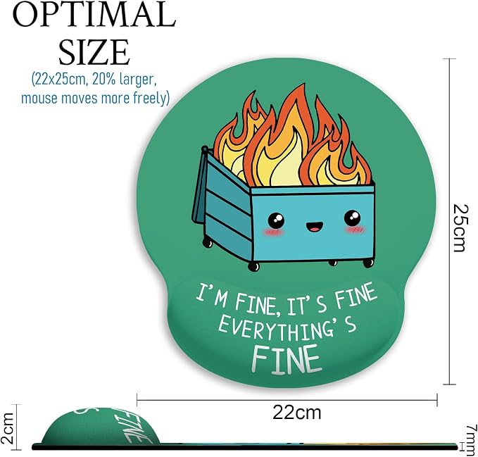 Ergonomic Mouse Pad with Wrist Support, Dumpster on Fire Mouse Pad with Wrist Rest, Gaming Mousepad with Non-Slip Pain Relief PU Base, Cute Mouse Pad for Desk Accessories Office Supplies Decor