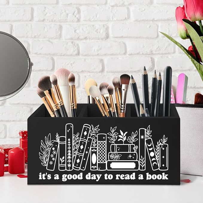 Black Wooden Pen Pencil Bookmark Holder Decor for Desk, Book Club Gifts It's a Good Day to Read a Book Wood Makeup Brush Toothbrush Holder Organizer for Reading Corner Bedroom