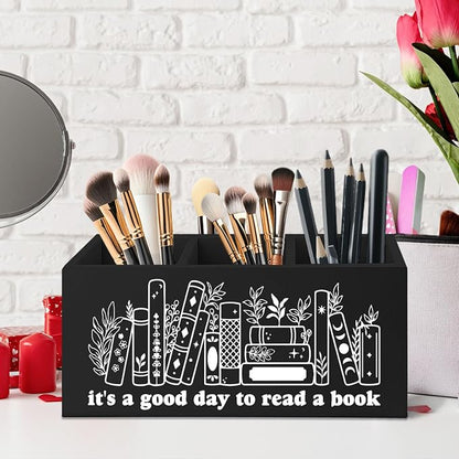 Black Wooden Pen Pencil Bookmark Holder Decor for Desk, Book Club Gifts It's a Good Day to Read a Book Wood Makeup Brush Toothbrush Holder Organizer for Reading Corner Bedroom