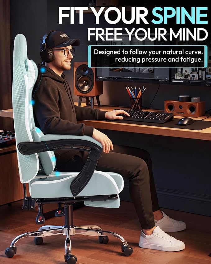 Dowinx Ergonomic Gaming Chair with Footrest & Massage Lumbar, 2D-Linkage Armrests for Computer Chair 330lbs with Headrest Pillow for Office, Home, Streaming and Long Gaming Sessions, Fabric Blue White