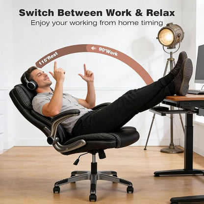 Executive Office Chair with with Flip up Arms, Big and Tall Ergonomic High Back Office Chairs, 90-120° Rocking Lumbar Support Home Computer Desk Chair Wheels(Black)