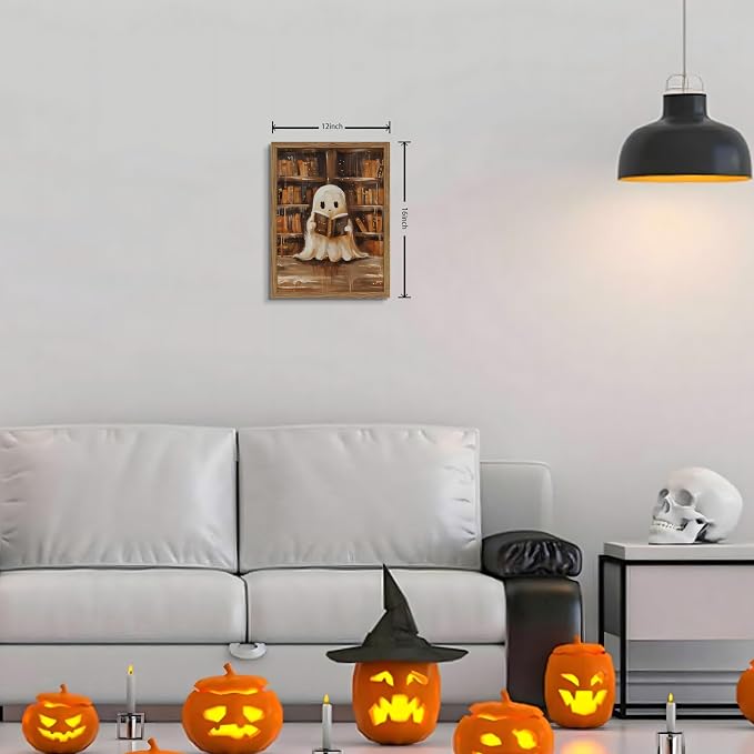 Framed Vintage Library Ghost Wall Art - Halloween Picture Decor, Cute Ghost Reading Books Canvas Print, Halloween Wall Decor for Living Room Bedroom Home Office, 12x16in Wood Frame