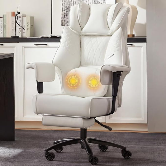 Dowinx Big and Tall Office Chair 400 Lbs with Rotating Massage Lumbar Support, Wide Thick Seat Cushion and Adjustable Armrest,Computer Gaming Chairs with Footrest, White