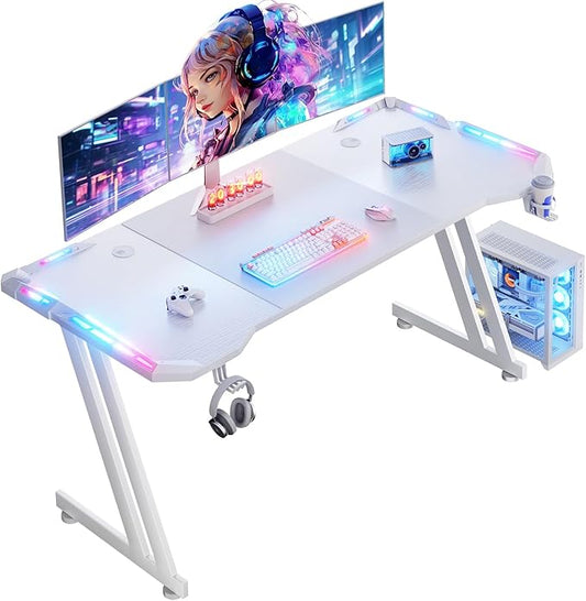 HLDIRECT 63 Inch Gaming Desk with LED Lights Carbon Fibre Surface Gaming Table Large Computer Desk Ergonomic Home Office Desks Z Shaped PC Gamer Workstations with Cup Holder & Headphone Hook White
