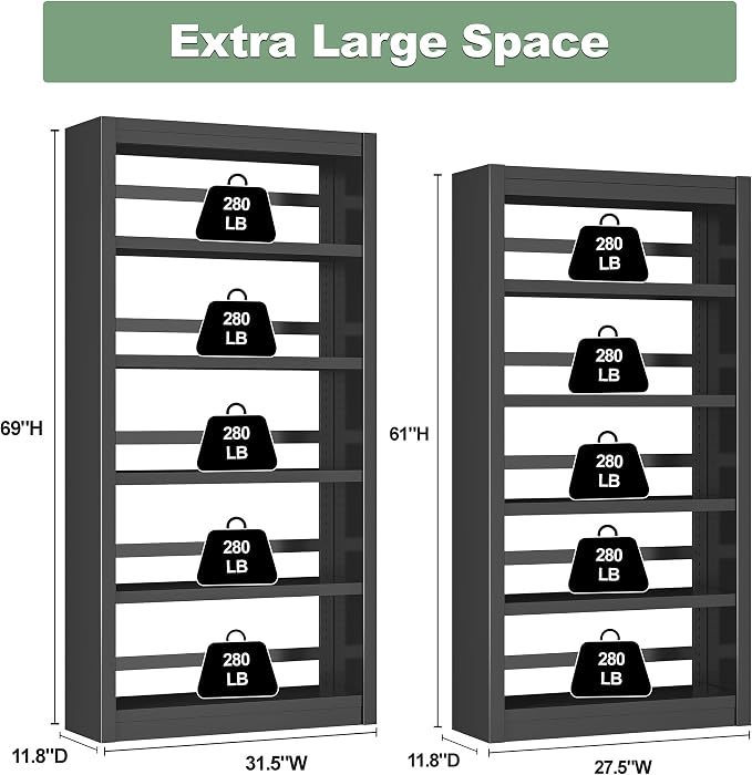OSEILLC Bookcase, 69" H 5-Shelf Heavy Duty Metal Bookcase, Adjustable Bookshelf with Large Capacity, Sturdy Book Shelf for Home Office, Living Room, Garage
