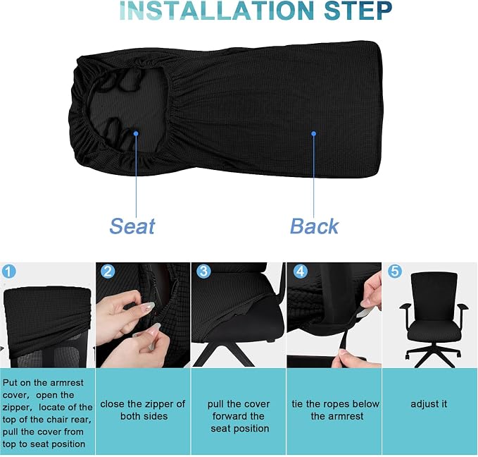 Tatuo 3 Pcs Computer Office Chair Cover Universal Rotating Chair Slipcovers Protector Removable Washable Office Armrest Covers with Zipper for High Back Seat Backrest(L,Waffle,Black)