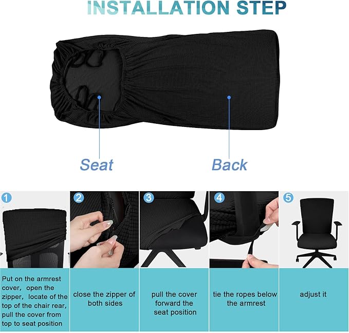 Tatuo 3 Pcs Computer Office Chair Cover Universal Rotating Chair Slipcovers Protector Removable Washable Office Armrest Covers with Zipper for High Back Seat Backrest(M,Waffle,Black)