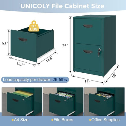UNICOLY 2 Drawer File Cabinet with Lock, Metal File Cabinets for Home Office, Under Desk Storage, Printer Stand, Office File Cabinets for Letters and File Boxes, Assembly Required, Green