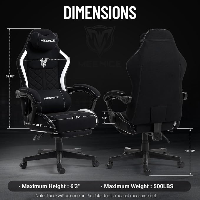 Big and Tall Gaming Chair Fabric with Pocket Spring Cushion, High Back Heavy Duty Gaming Chairs for Adults with Massage Lumbar Support, Ergonomic Computer Chair with Footrest for 400LBS Black