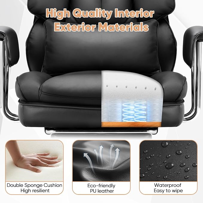 Sweetcrispy Home Office Desk Chair, Executive Ergonomic Big Tall High Back with Footrest & Lumbar Support, Reclining Height Adjustable, Comfy PU Leather Computer Gaming with Swivel Wheels, Black
