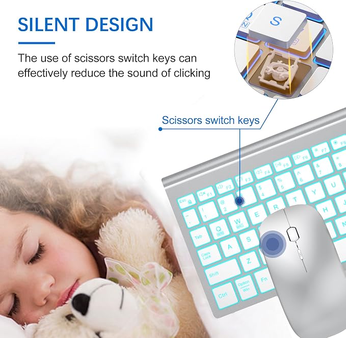 Wireless Backlit Keyboard and Mouse Ultra Slim Combo, TopMate 2.4G Silent Compact 2400DPI Mouse and Scissor Switch Keyboard Set, Batteries Included, for PC/Laptop/Windows/Mac/Gaming - BL Silver White