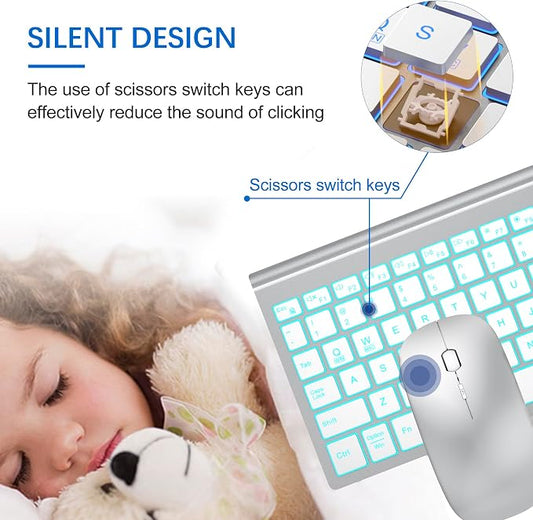Wireless Backlit Keyboard and Mouse Ultra Slim Combo, TopMate 2.4G Silent Compact 2400DPI Mouse and Scissor Switch Keyboard Set, Batteries Included, for PC/Laptop/Windows/Mac/Gaming - BL Silver White