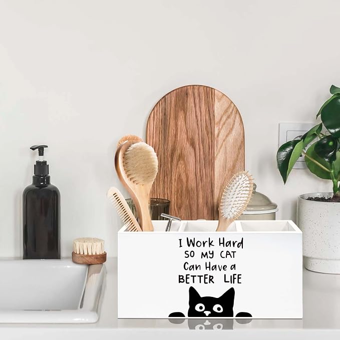 Funny Black Cat Pen Holder for Desk, Black Cat Lover Gifts Pencil Organizer, I Work Hard So My Cats Can Have a Better Life Wooden Pen Holder Desk Accessories Decor for Home Office