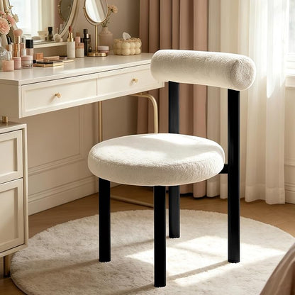 Cute Small Armless Desk Chair, Ergonomic Comfy Vanity Chairs Lumbar Support with Back for Makeup, Teddy Fabric Computer Desk Chair for Home, Bedroom, Vanity, Teens, Adults