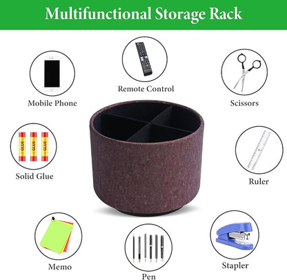 Round Leather Art Supply Organizer,Remote Control Holder,360 Degree Spinning,Multi-Functional Pencil Holder,4 Compartments Desktop Stationary Organizer(1-Soft Dark Brown2)