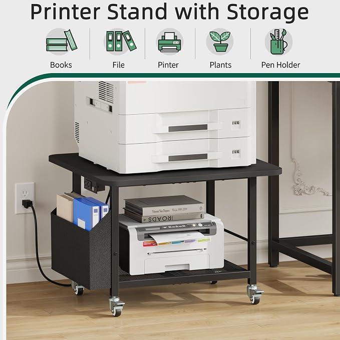 YAOHUOO 23.6"×23.6" Large Printer Stand with Power Outlet, Printer Table with Storage Side Pocket, Heavy Duty Rolling Cart for Home Office 3D Printer/Laser/Heat Press Table, Black