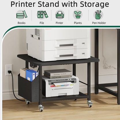 YAOHUOO 23.6"×23.6" Large Printer Stand with Power Outlet, Printer Table with Storage Side Pocket, Heavy Duty Rolling Cart for Home Office 3D Printer/Laser/Heat Press Table, Black