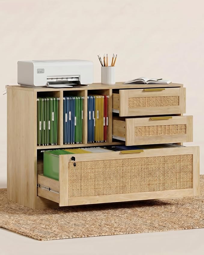 Lateral File Cabinets for Home Office, 3 Drawer and 3 Open Shevles Filing Cabinet with Lock, Wide Rattan Filing Organization Storage Cabinets with Printer Stand for Hanging Files/Letter, Natural Wood