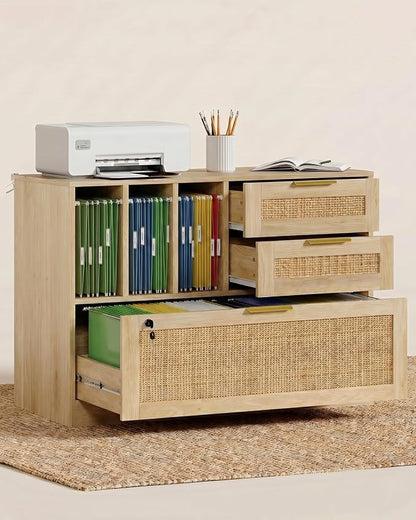 Lateral File Cabinets for Home Office, 3 Drawer and 3 Open Shevles Filing Cabinet with Lock, Wide Rattan Filing Organization Storage Cabinets with Printer Stand for Hanging Files/Letter, Natural Wood