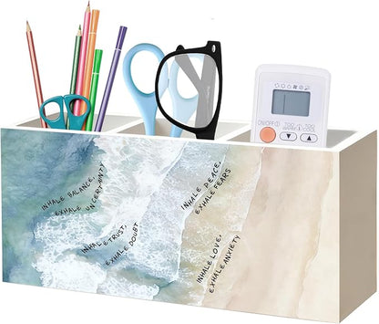 Inhale Exhale Mental Health Anxiety Relief Meditation Therapy Office Pen Pencil Holder Organizer for Desk Accessories, Inspirational Mindful Breathing Wood Signs Makeup Brush Toothbrush Holder