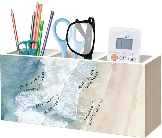 Inhale Exhale Mental Health Anxiety Relief Meditation Therapy Office Pen Pencil Holder Organizer for Desk Accessories, Inspirational Mindful Breathing Wood Signs Makeup Brush Toothbrush Holder