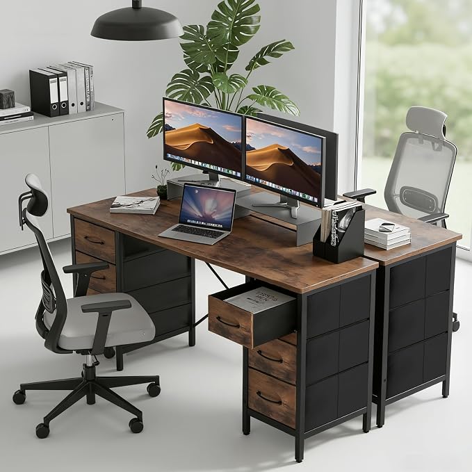 DUMOS 47 Inch Computer Desk with 8 Fabric Drawers, Office Gaming Desk with Storage, Writing Study Table with X-Shaped Reinforced Structure, Dark Brown