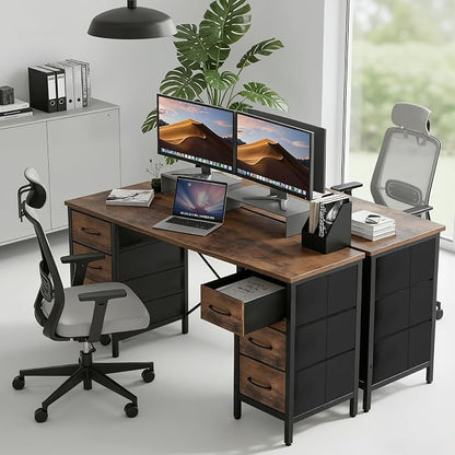 DUMOS 47 Inch Computer Desk with 8 Fabric Drawers, Office Gaming Desk with Storage, Writing Study Table with X-Shaped Reinforced Structure, Dark Brown