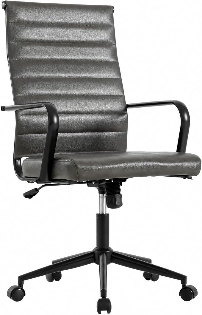 Okeysen Genuine Leather Office Desk Chair, Mid-Century Modern Real Leather Conference Room Chairs, Ergonomic Executive Ribbed Height Adjustable Swivel Rolling Chair for Home Office.