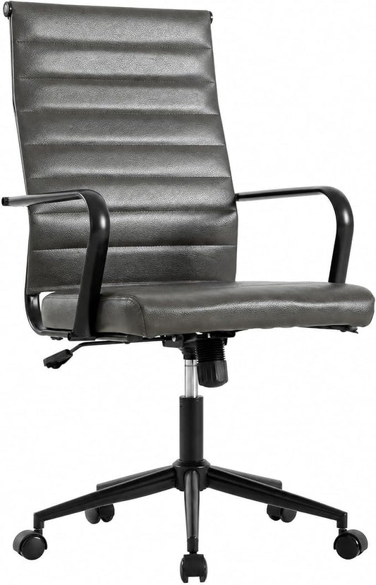 Okeysen Genuine Leather Office Desk Chair, Mid-Century Modern Real Leather Conference Room Chairs, Ergonomic Executive Ribbed Height Adjustable Swivel Rolling Chair for Home Office.