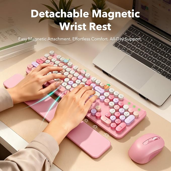 Wireless Keyboard and Mouse Combo, Cute Retro Typewriter Keyboard with Round Keycaps and Magnetic Wrist Rest, Full-Size 2.4GHz Cordless for Mac, Windows PC, Laptop, SABLUTE CK23, Pink Multi-Color