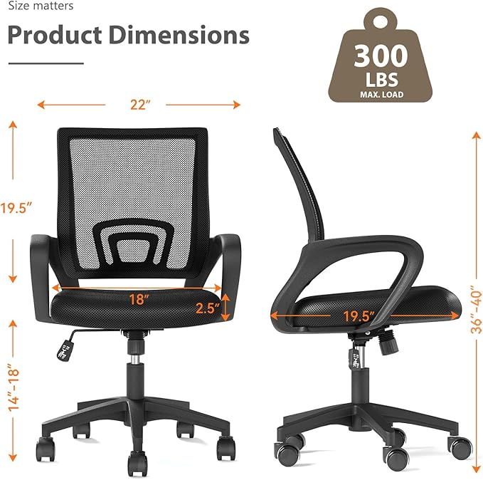 OS MOTOR Home Office Chair, Ergonomic Mid-Back Mesh Desk Chair with Lumbar Support, Adjustable Swivel Rolling Design, Comfy Armrest for Work, Study, Gaming, Vanity, Black