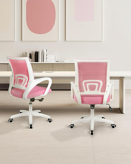 NEO CHAIR Office Desk Computer Chair Ergonomic Mesh Gaming Cushion Seat with Comfy Lumbar Mid Back Support Adjustable Height Swivel Rolling Wheels for Home Task (Pink)