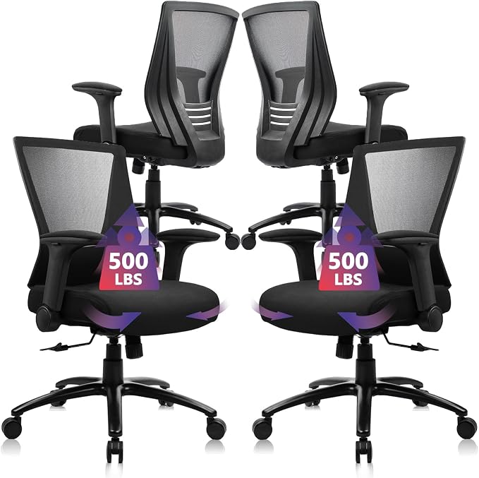 CLATINA Big and Tall Office Chair Heavy Duty Ergonomic Desk Chair 500lbs with Flip-up Arms & Wide Thick Seat Cushion Home Executive Swivel Mesh Chair for Study, Conference, Black, 4 PK