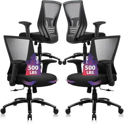 CLATINA Big and Tall Office Chair Heavy Duty Ergonomic Desk Chair 500lbs with Flip-up Arms & Wide Thick Seat Cushion Home Executive Swivel Mesh Chair for Study, Conference, Black, 4 PK