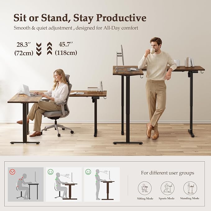 Klicelor L Shaped Standing Desk 63 x 48 Inch, Electric Height Adjustable Corner Desk for Home Office Workstation, Ergonomic Sit to Stand Computer Table with Memory Controller, Rustic Brown