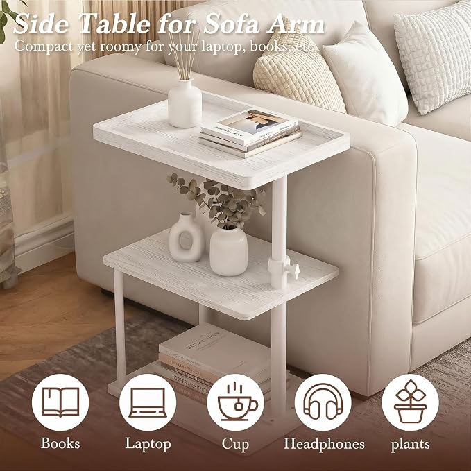 Faesun C Table End Table Adjustable Height, 360°Swivel TV Tray Table for Small Spaces, Small Nightstand for Living Room, Bedroom, White