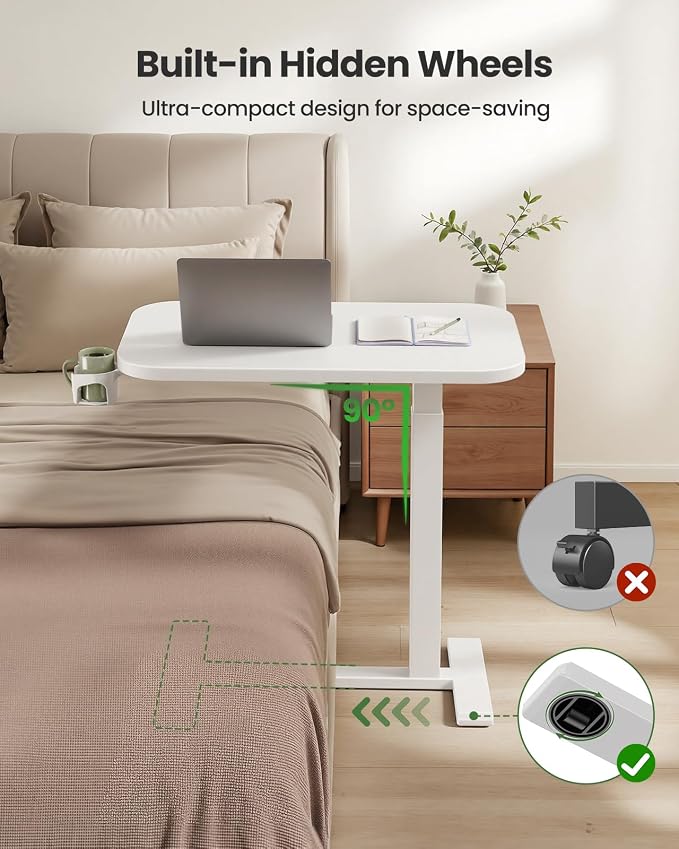 Marsail 32×16″ Overbed Table with Hidden Wheels, Pneumatic Adjustable Bedside Table, Mobile Rolling Table with 360° Hideable Cup Holder, White