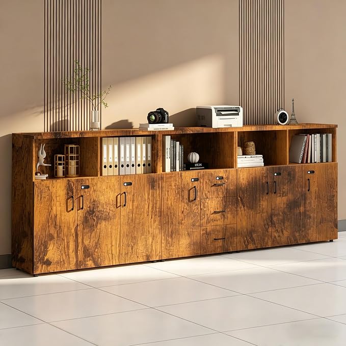 File Cabinet with Password Lock, Wood Lateral Filing Cabinet for Letter/A4 Files, 3 Drawer with Door, Printer Stand with Open Shelves for Home Office