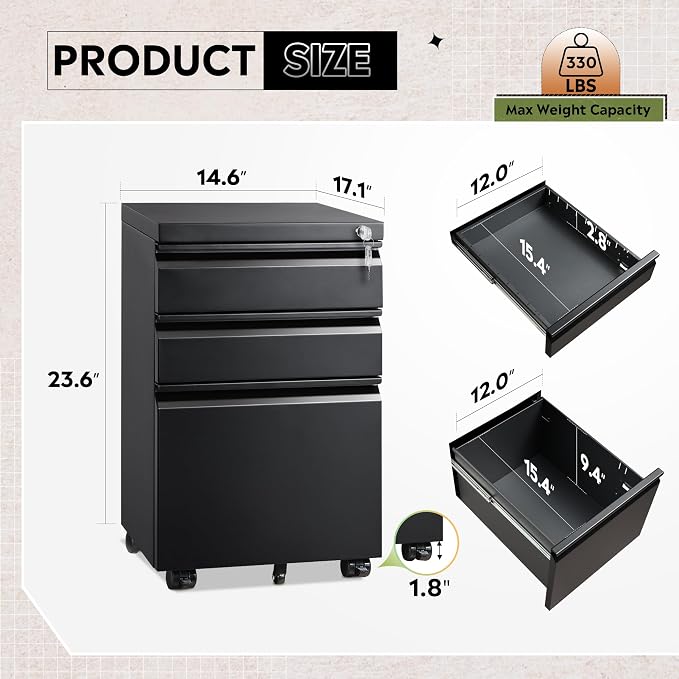 DEVAISE 3 Drawer Mobile File Cabinet Under Desk Office, Fully Assembled Except Casters, Letter/Legal Size, Black