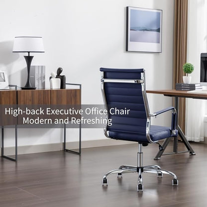 Office Desk Chair Leather, Conference Room Chairs with Wheels, Executive Modern High Back Ergonomic Swivel Rolling Ribbed Computer Chair