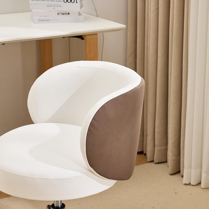 VINGLI Cute Small Swivel Desk Chair Comfy with Wheels,Ergonomic Low-Back Lumbar Support Vanity Nail Tech Rolling Task Stool Chair for Home Office,Height Adjustable,PU Leather White&Suede Khaki
