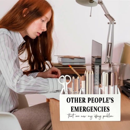 Funny Pen Pencil Holder for Desk, Office Humor Gifts for Coworkers Employees Women Men, Other People's Emergencies Wooden Box Sign Decorations for Home Office Workplace Desk Tabletop